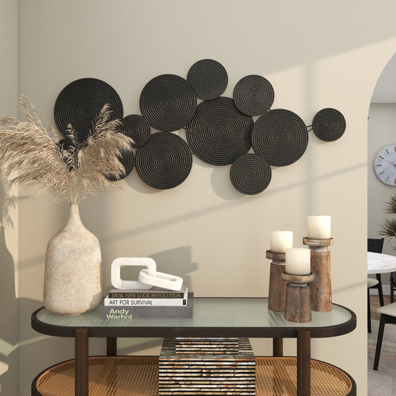 Metal Layered Disk Plate Home Wall Decor with Textured Circles, Black 