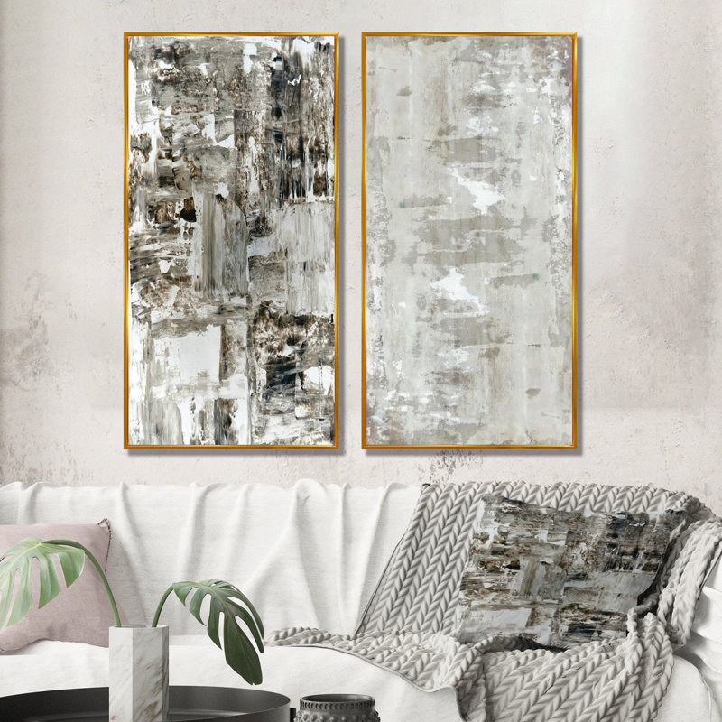 Beige et brun Colorfields - Ensemble de 2 peintures sur toiles, H 40 po x l 40 po x P 1 po, Cadre flottant doré