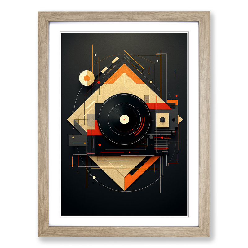 XYZ-FRM-V1223-1667 Vinyl Record Player Geometric No.2 - Single Picture Frame Print on Wood, 34cm H x 25cm W x 2cm D, Oak