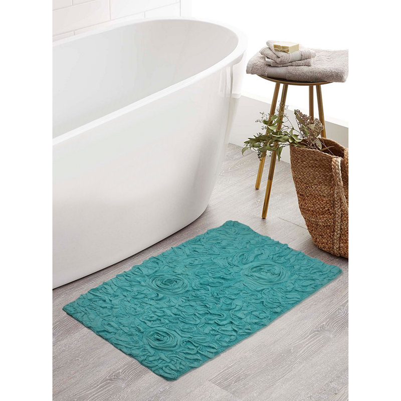 Schoenberger Floral Design Cotton Bath Rug, 34" L x 21" W, Turquoise