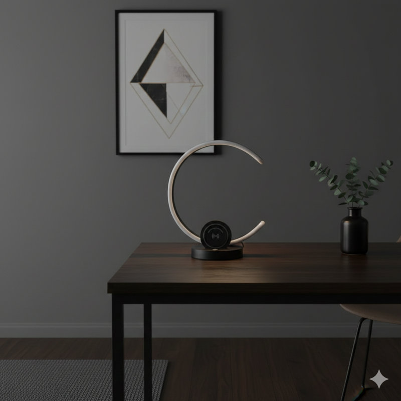 Lampe de table moderne à DEL de 13,25 pouces en forme de C, avec charge USB / sans fil, un gradateur tactile et une finition noire