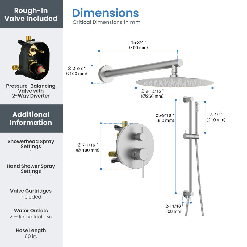 Ensemble complet de robinetterie de douche circulaire à 2 fonctions avec équilibrage de pression et barre de douche.
