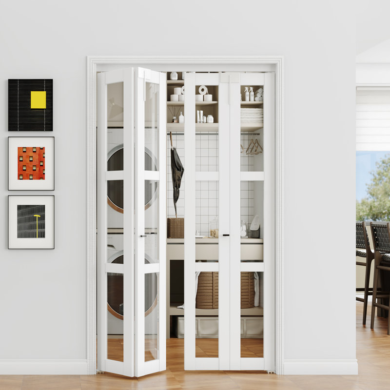 Porte pliante en verre - 3 verres transparents avec serrure de porte pliante et poignée en forme de T, 72 po x 80 po, 2