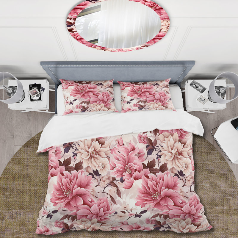 Literie de jardin avec bouquet de pivoines rose tendre, Housse de couette pour grand lit et 2 taies décor
