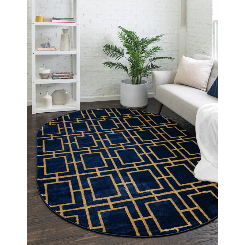 Tapis bleu contemporain Contemporary Glitzy, Ovale 7 pi 10 po x 10 pi