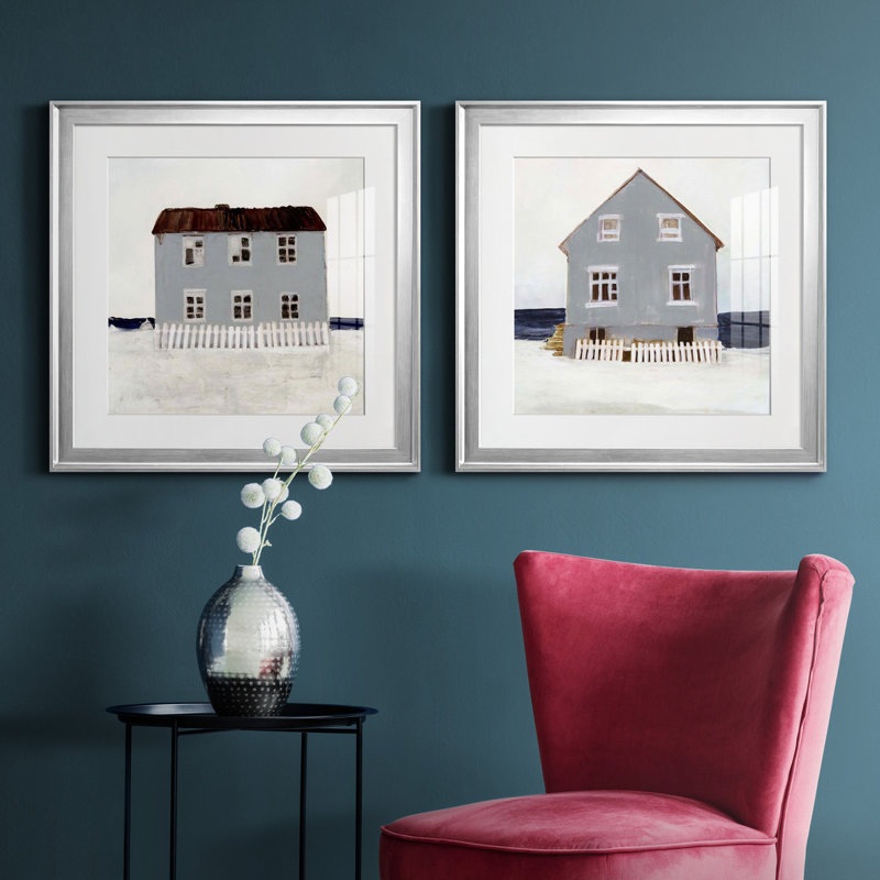 Beach Hut I Beach Hut I - ensemble de 2 cadres photo, H 22,5 po x l 45 po x P 1,5 po, Papier avec cadre argenté, Blanc