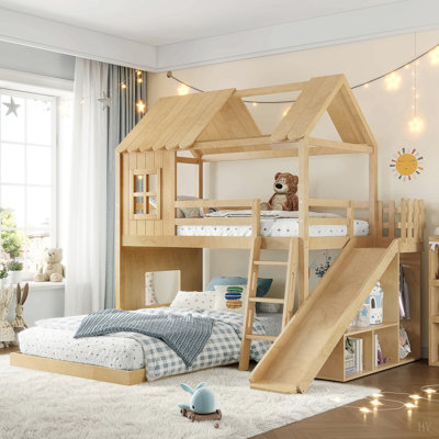Lit superposé House avec échelles et glissières, lit superposé au sol House avec tablettes de rangement et garde-robe, conception de maisonnette