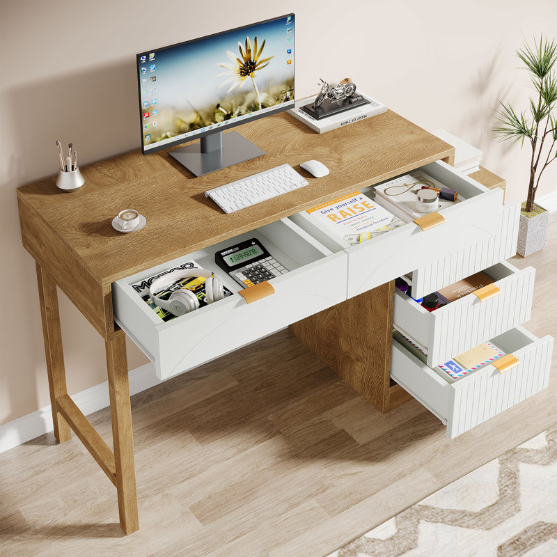 Petit bureau d'ordinateur avec tiroirs, Brun naturel et blanc