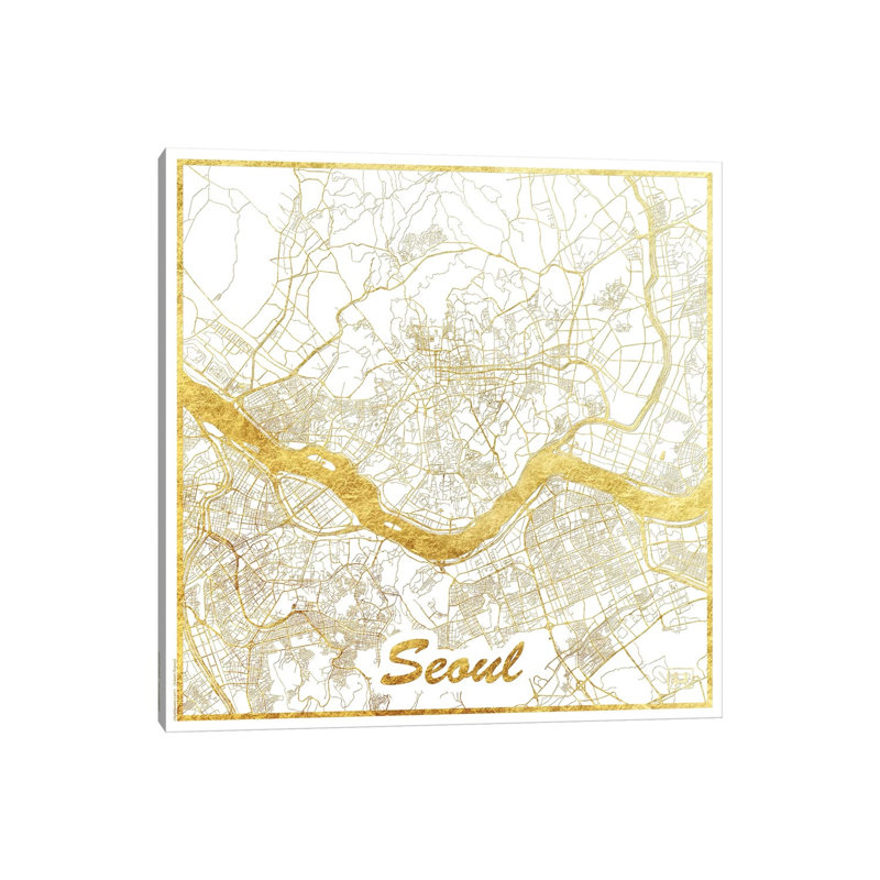 Seoul Gold Leaf Urban Blueprint Map 1 Piece Wrapped Canvas Wall Art, 93.98cm H x 93.98cm W