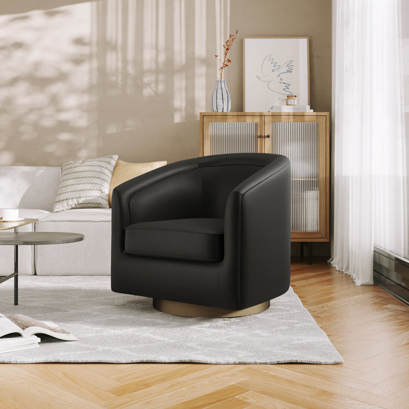 Byran Traditional Club Style Upholstered Accent Chair with 360° Swivel Metal Base, Gold, Black Faux Leather