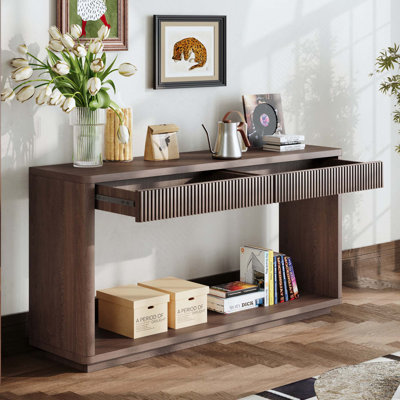 Console moderne à 2 tiroirs en placage de bois cannelé avec rangement caché pour le salon, le couloir, l'entrée, le bureau à domicile