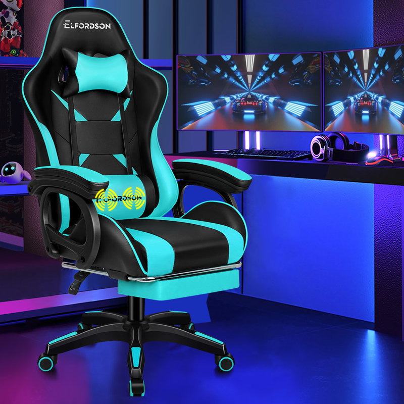 Gaming Chair Office Chair with Lumbar Support Footrest, Black/Teal