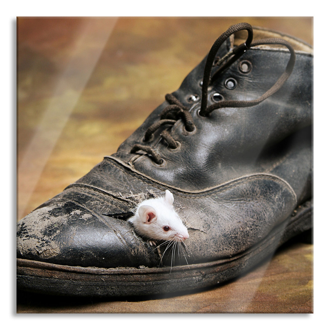 Glasbild Maus in schwarzem Schuh