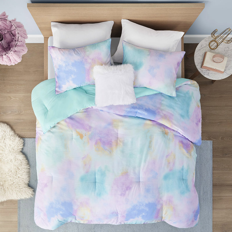 Édredon pour lit simple avec accents et coussin Watercolor Tie Dye, Édredon simple + 3 pièces supplémentaires