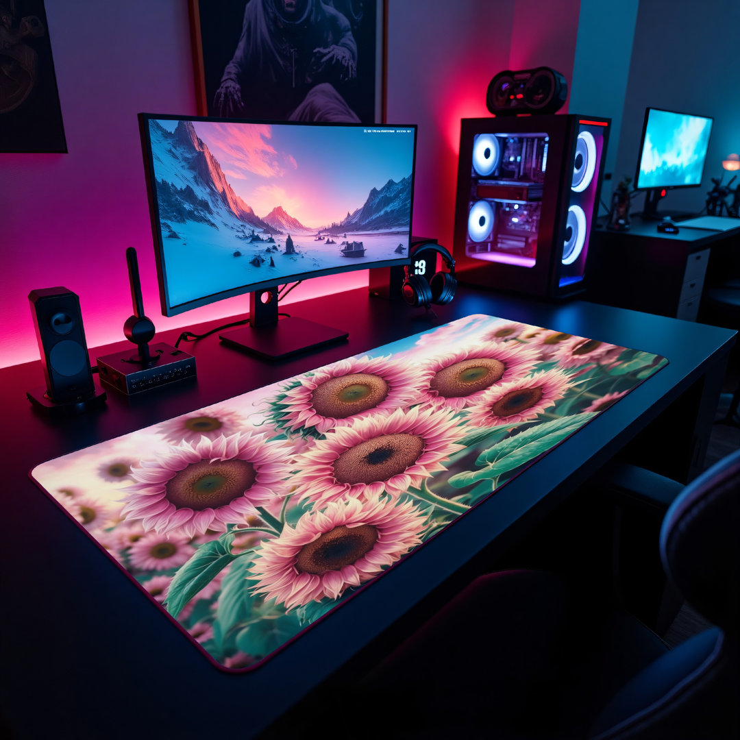 Pink Sunflower Field Desk Mat