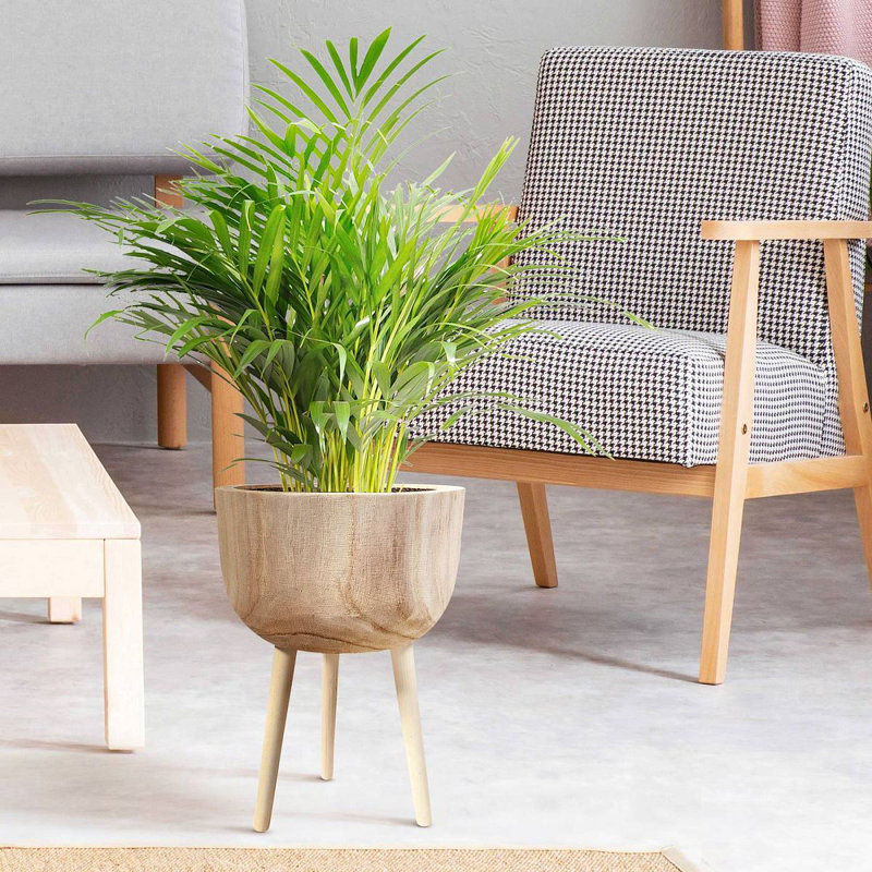 GAIA Tall Indoor Plant Pot Stand for House Plants with Waterproof Liner | Natural Wooden House Planter with Legs 