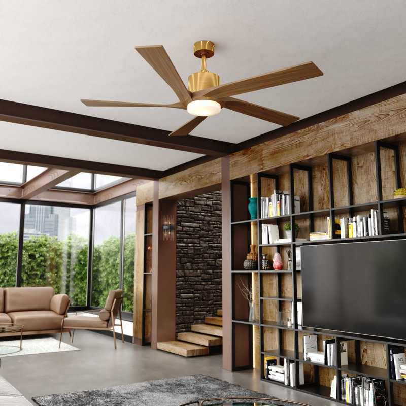  Wedgewood 60 in. Satin Brass Indoor Rod Mount Contemporary Ceiling Fan with Dark Elm Blades, Dimmable Integrated LED Light Kit and Remote Control Included, 6 Speed Energy Efficient DC Motor