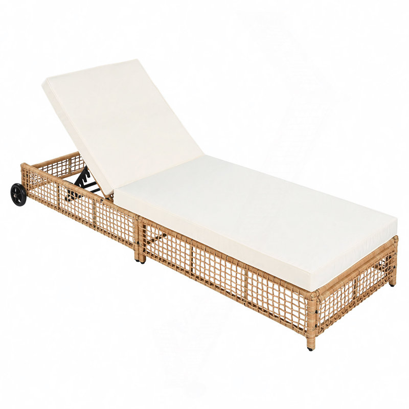 Outdoor Lounge Chair, Patio Chaise Lounge With 5-Position Backrest, Rattan Outdoor Lounge Chair With Cushion And Wheels For Poolside, Backyard, Garden