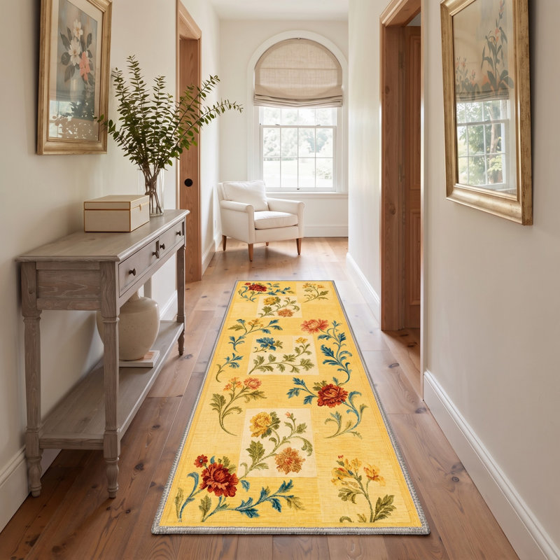 Tapis de couloir patchwork jaune / ivoire lavable à la machine avec envers antidérapant, Runner 2'6" x 8'