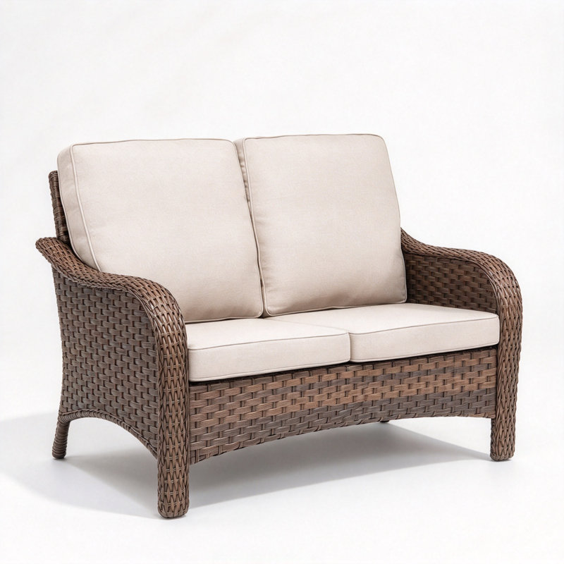 Canapé d'extérieur deux places en résine tressée PE de 126 cm avec coussins d'assise profonds beiges, résistant aux intempéries