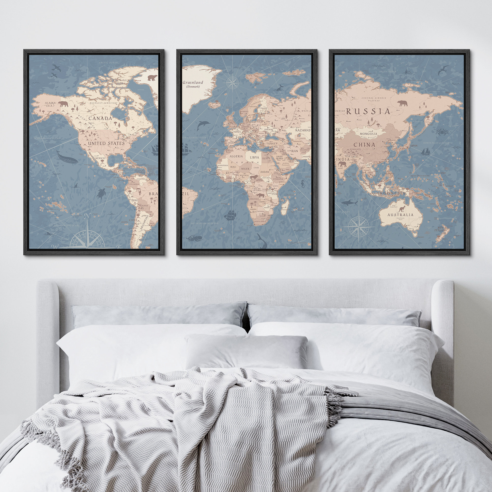 IDEA4WALL World Map Large Blue Global Antique Framed Canvas 3 Piece