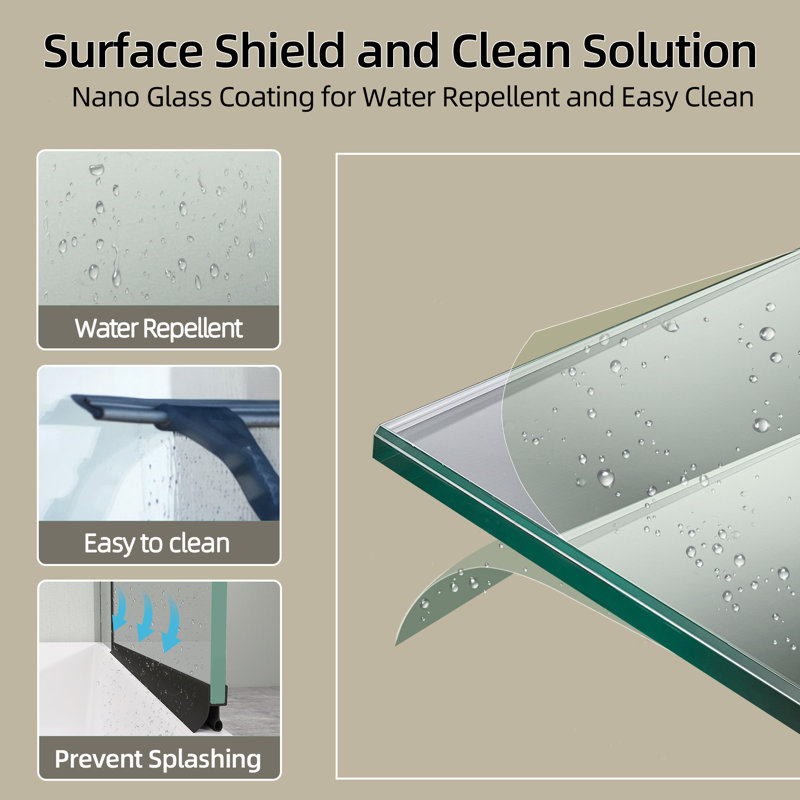 Folding Glass Shower Doors for Bathtub, 48 in. W x 58 in. H Pivot Frameless Tub Shower Door, Tempered Glass Shower Panel Screen