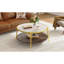 Table basse moderne à 2 niveaux en noyer avec plateau en verre et base dorée pour salon, 29,9 po