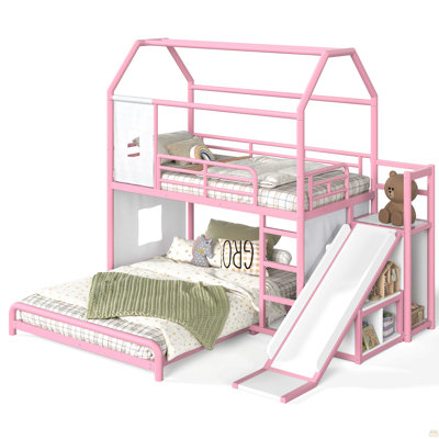 Twin over Full Playhouse Metal Bunk Bed with Slide & Ladder, House Shaped Bunk Bed with LED Light Strip, Privacy Curtain, Movable Storage Cabinet and Hanging Rod, Twin over Full Kids Bunk Bed , Pink