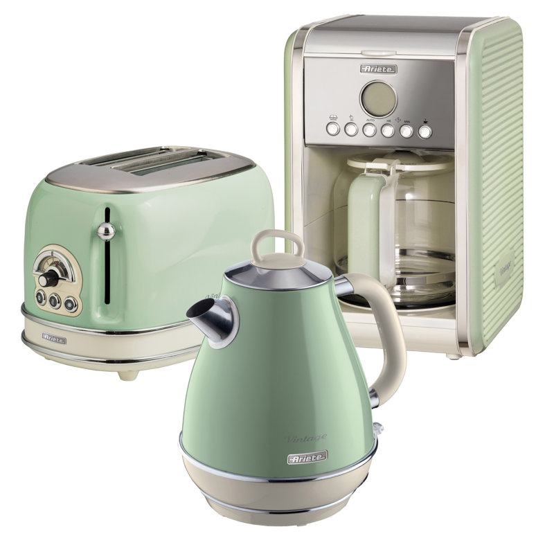 Ariete Vintage 1.7L Stainless Steel Jug Kettle with 2 Slice Toaster and 12 Cup Coffee Machine Set, Green
