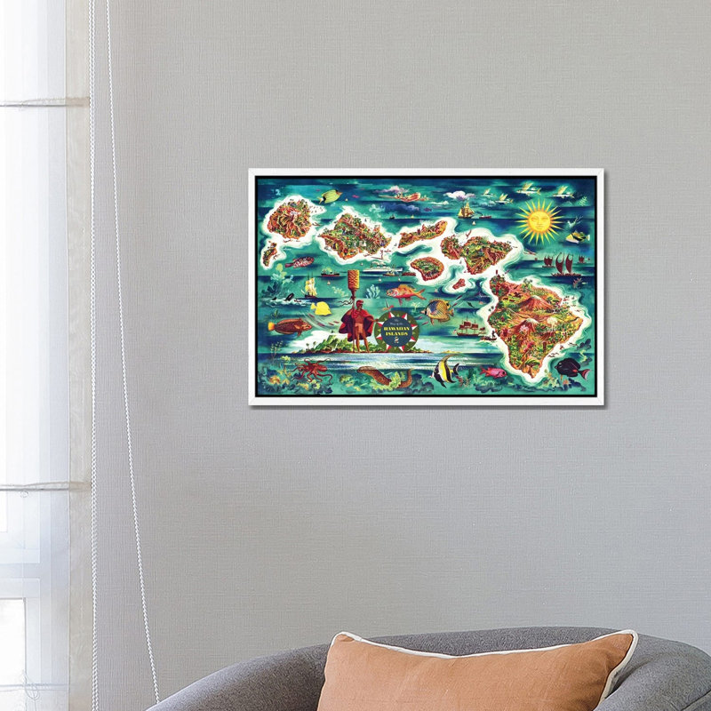 Retro Map Of The Hawaiian Islands - Print on Canvas, 66.04 cm H x 45.72 cm W, White Framed