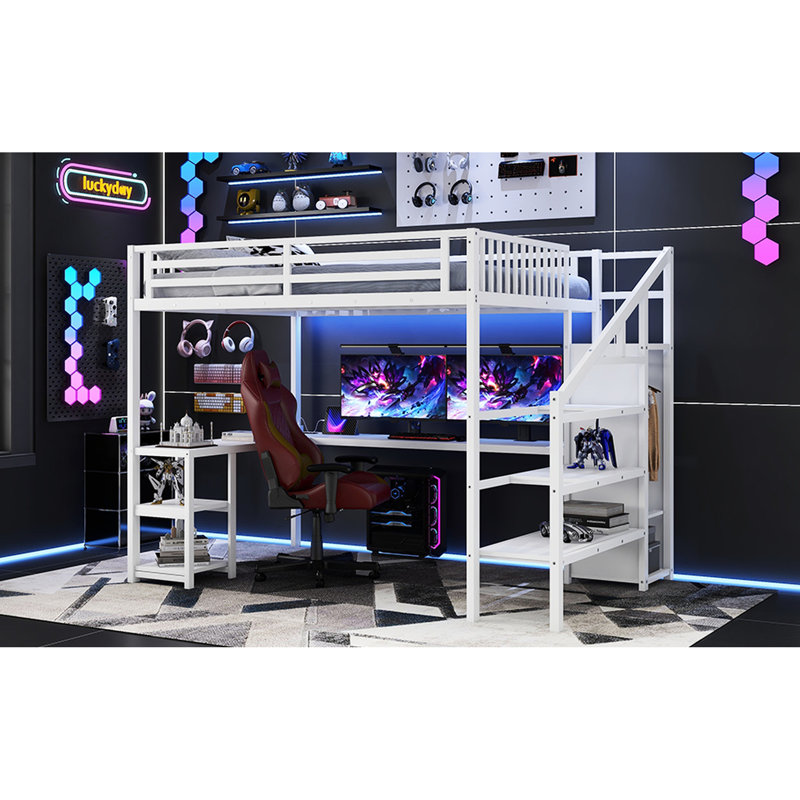 Grand lit mezzanine en métal blanc avec 16 lumières DEL statiques, charge et télécommande de bureau - vitesse réglable, sous rangement