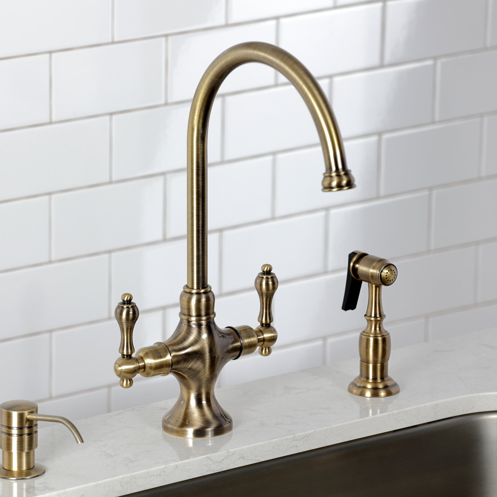 Double Handle Kitchen Faucet with Side Spray, Oil Rubbed Bronze