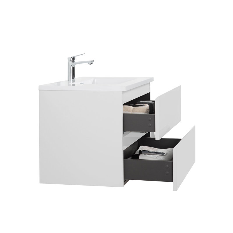 Claren 28 po L x 19 po P 2 tiroirs Meuble-lavabo mural avec évier simple et Comptoir en Polymarbre blanc