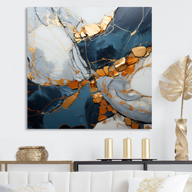 Marbre doré et bleu abstrait, art liquide - encre liquide, art mural abstrait, Toile tendue, H 30 po x l 30 po x P 1,5 po