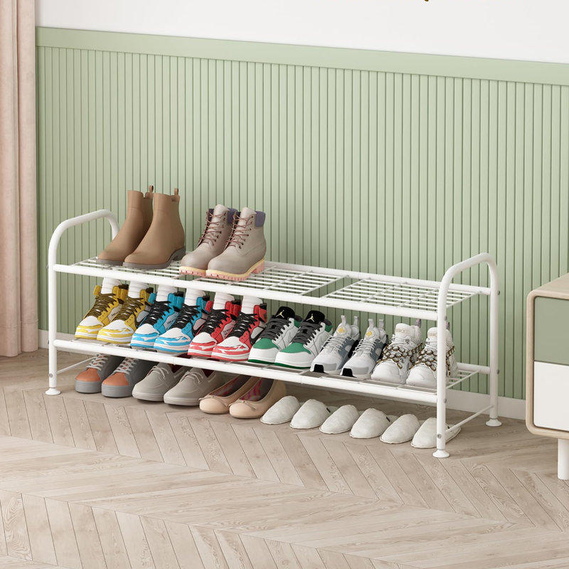 2 Tier Shoe Rack Made of Metal, Exquisitely Designed for Closets and Entryways, White