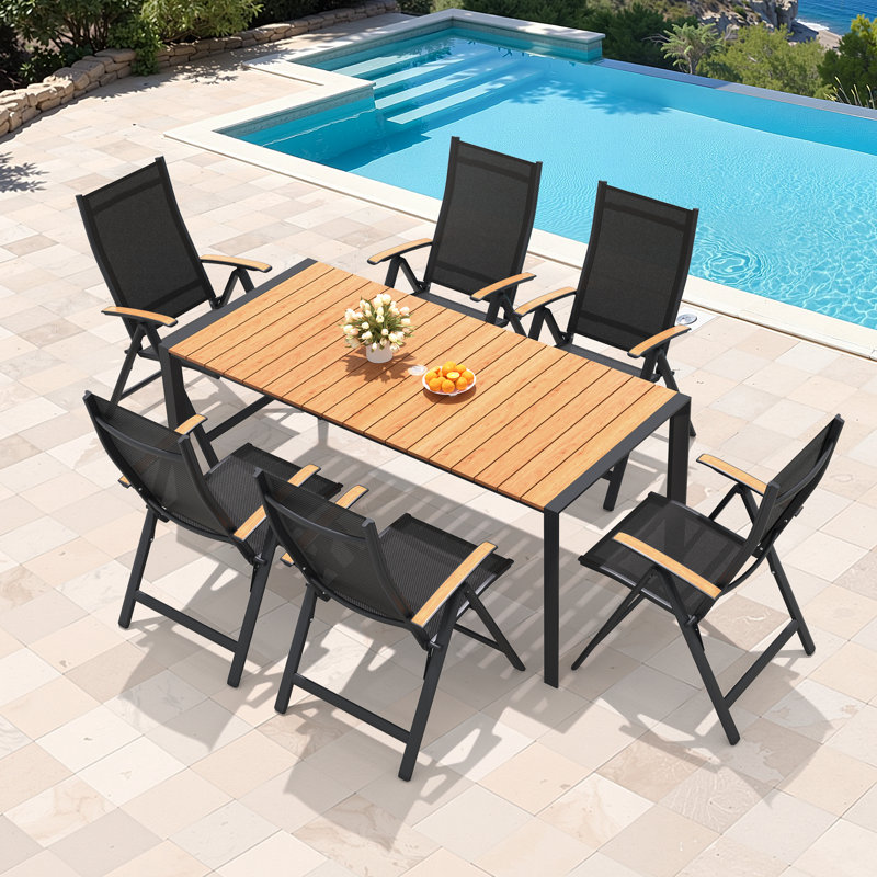 Ensemble de salle à manger rectangulaire en aluminium pour 6 personnes avec trou pour parasol et fauteuils inclinables pliés