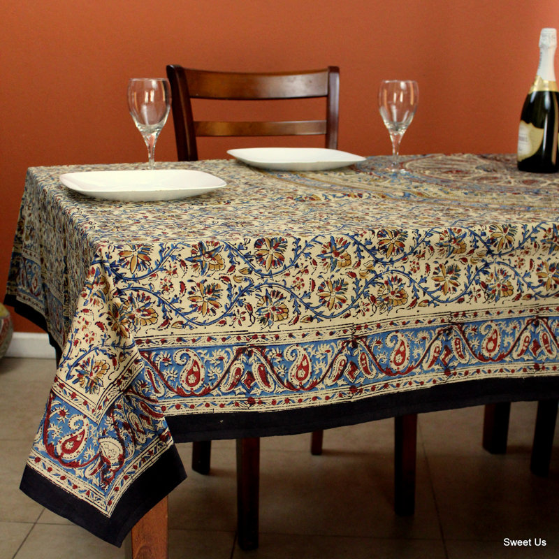 Nappe Kalamkari, 106 po carré, Bleu / rouge