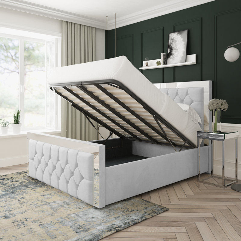 Sage Plush Velvet Upholstered Ottoman Bed Frame, Small Double (4'), White
