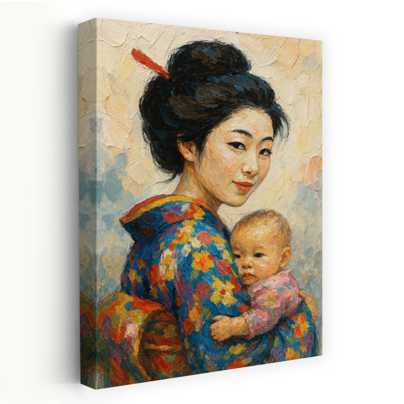 Mère en kimono tenant son bébé, portrait abstrait audacieux et coloré, art mural, H 48 po x l 32 po