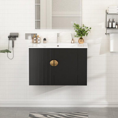 30"Floating Single Bathroom Vanity With Ceramic Top & Right Side Storage Cabinet