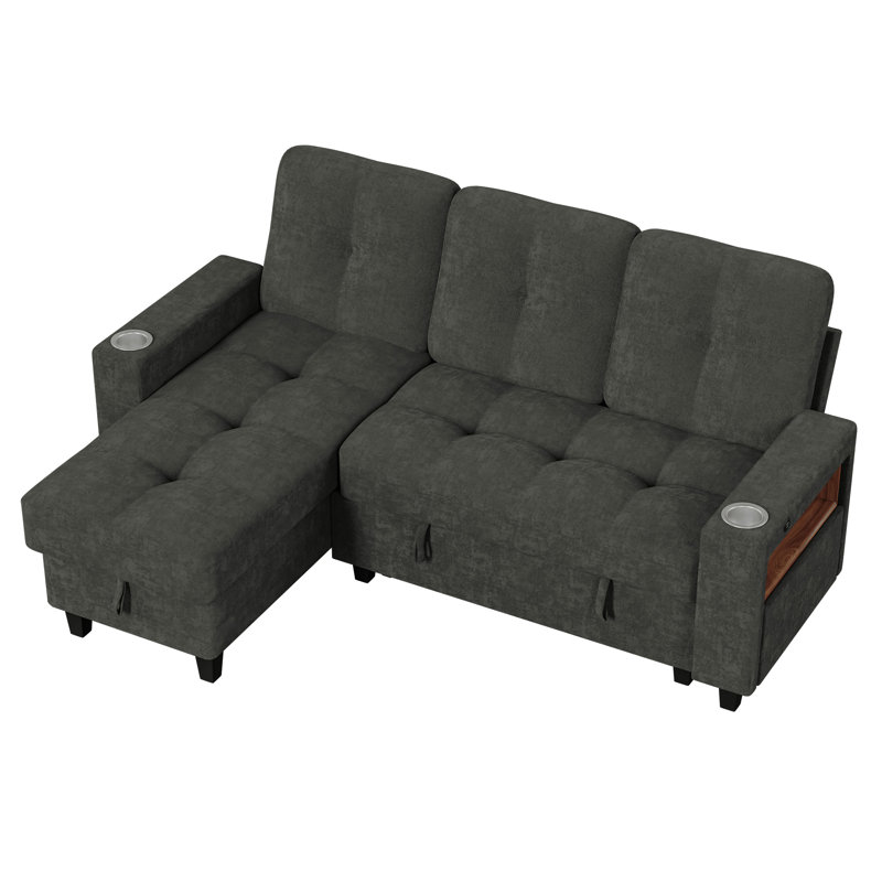 Canapé-lit modulaire en chenille avec méridienne réversible, bras de rangement et ports de recharge, gris foncé, Dark Grey