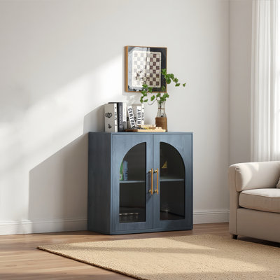 Modern Natural Buffet Sideboard, 31.5" Wide With 2 Arched Glass Doors & 2 Adjustable Shelves, Storage Cabinet For Living Room, Kitchen & Dining Room（blue）