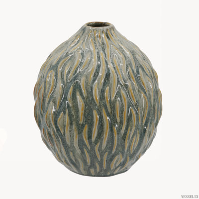 6.5x7.5 Inch Marbled Ceramic Vase, Amber and Charcoal Gray Decorative Teardrop Urn