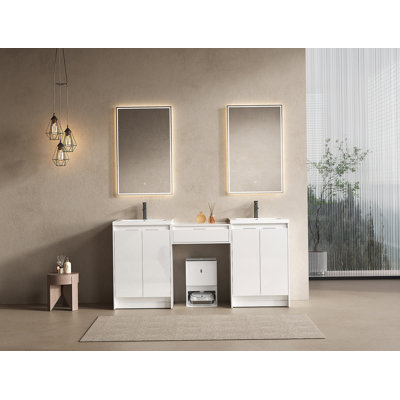 Meuble-lavabo autoportant de 72 po avec lavabo en résine et armoire à 1 côté, portes et tiroir à fermeture douce, blanc brillant, contreplaqué (emballage KD)