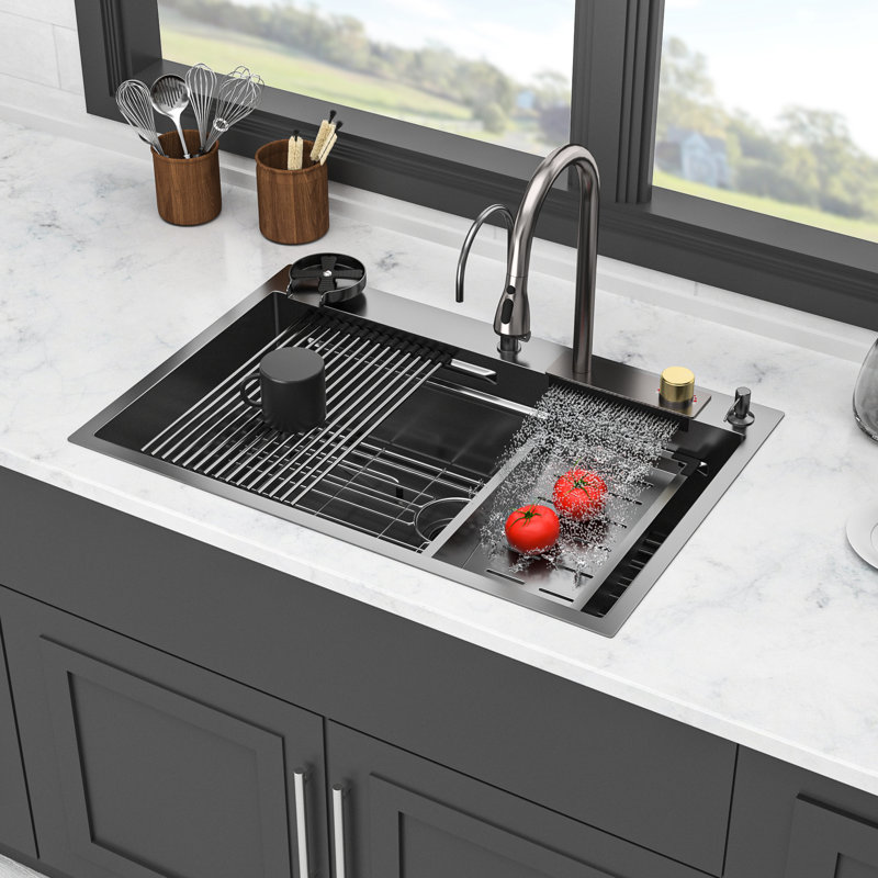 16 Gauge T304 Stainless Steel Gunmetal Black 33X22x10 Inch Kitchen Sink With Waterfall Function, Drain Assembly & Dish Grid Single Bowl 33*22 In Unique Design, Pull-Out Faucet Drying Rack