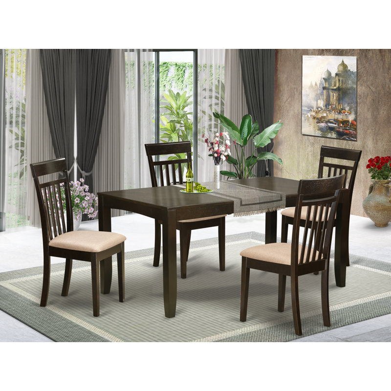 Ensemble de table de salle à manger 5 pièces moderne comprenant une table rectangulaire en bois avec feuille papillon et 4 chaises rembourrées en tissu de lin, 36 x 66 pouces, cappuccino