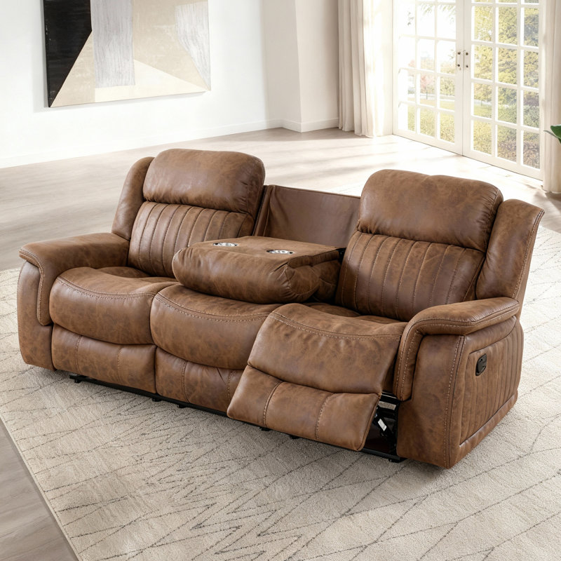 87" Multi-Functional Comfort Three-Seater Reclining Sofa With Drop-Down Table, Brown