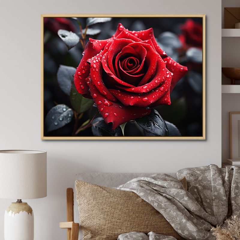 «Atthew Water Drops on Red Rose Majesty II», reproduction, 30" H x 40" W, Cadre naturel flottant