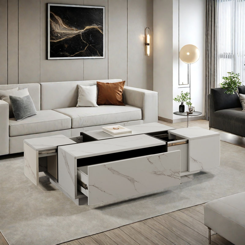 Rectangular Sliding Top Coffee Table With 2 Drawers And 2 Hidden Storage Compartments