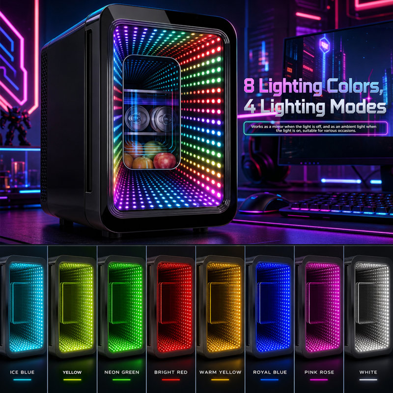 Mini réfrigérateur 20L avec lumière de jeu à DEL, petit réfrigérateur à boissons pour la chambre à coucher, le bureau, le dortoir et la voiture, refroidisseur portatif AC / DC pour boissons, soins de la peau